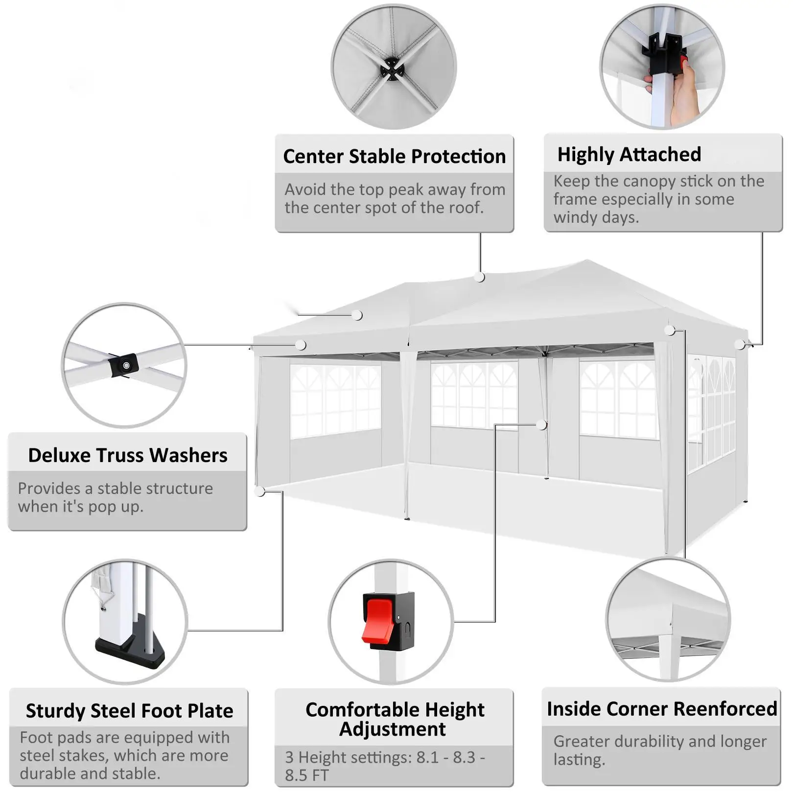 خيمة مظلة منبثقة 10 × 20 مع 6 جدران جانبية، خيمة منبثقة سهلة 10 × 20 مقاومة للماء، مأوى فوري تجاري بعامل حماية من الأشعة فوق البنفسجية 50+ محمولة