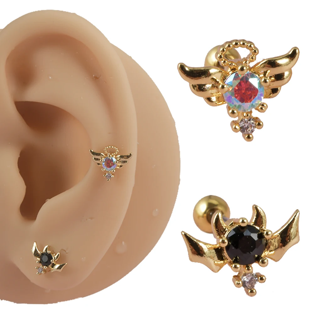 1PC Stainless Steel 16G Demon Angel Insert Zircon Stud Earring Devil Ear Tragus Cute Helix Conch Lobe Piercing Jewelry