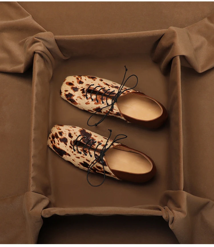 SHOEBOX Retro style niche leopard print lace up square toe low order shoes for women in summer, comfortable horsehair leather