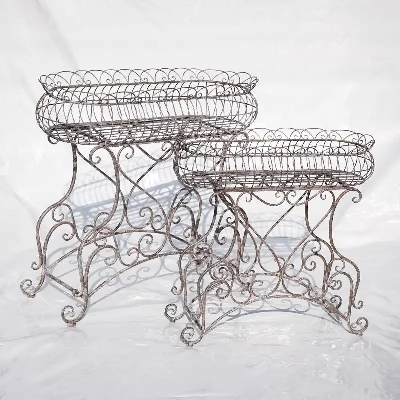Vintage Wrought Iron Garden Plant Stand, Rustic Metal Flower Display Table, French Style Balcony Patio Planter Shelf