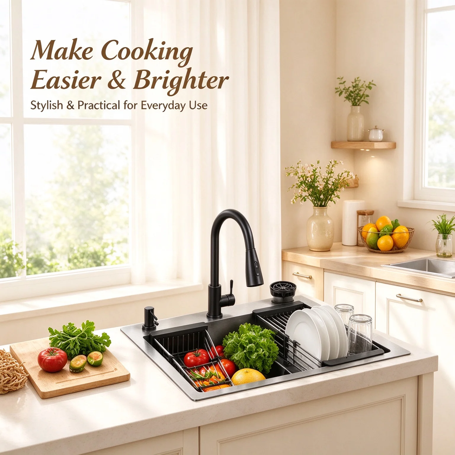 304 Stainless Steel Kitchen Sink with Nano Coating, Single Bowl Workstation Sink, 360° Rotatable Pull Down Faucet, Built-in Cup Washer & Soap Dispenser, Multi-scene Undermount Drop-in Sink