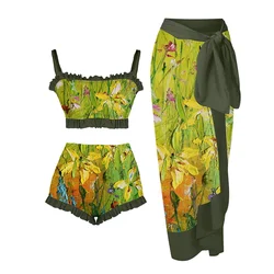 Retro Green Fashion Floral Oil Print Green Swimsuit Holiday Beach Dress Set Women's Summer 2022 Luxury Fitness Swimsuit