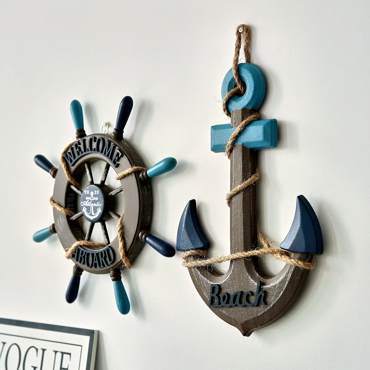 Mediterranean Wooden Helm Anchor Wall Decor Set Nautical Ship Wheel Coastal Pair