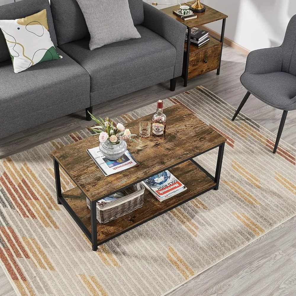 

2-Tier Coffee Table Tea Table with Metal Frame, Wood Coffee Table with Open Storage Shelf, Vintage Accent Furniture Table