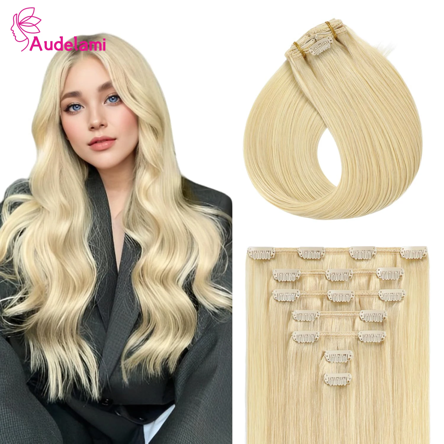 Audelami 613 Bleach Blonde Straight Clip in Hair Extensions 120g/7Pcs Straight Remy Hair Extensions Full Head Thick Double Weft