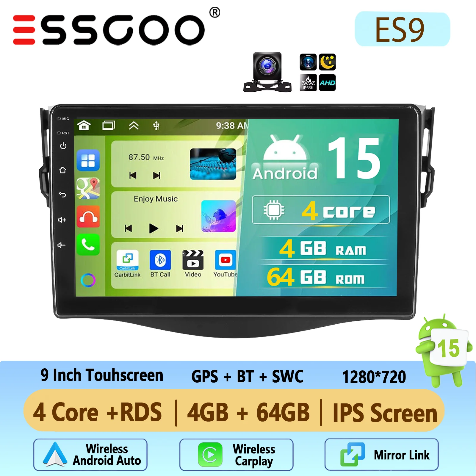 Autoradio ESSGOO Android 15 9 Inch 4+64G voor Toyota RAV4 2007-2012 Draadloze CarPlay Android Auto GPS Navigatie FM WiFi Bluetooth RDS Stuurwielbediening Mirror Link Touchscreen Hoofdeenheid