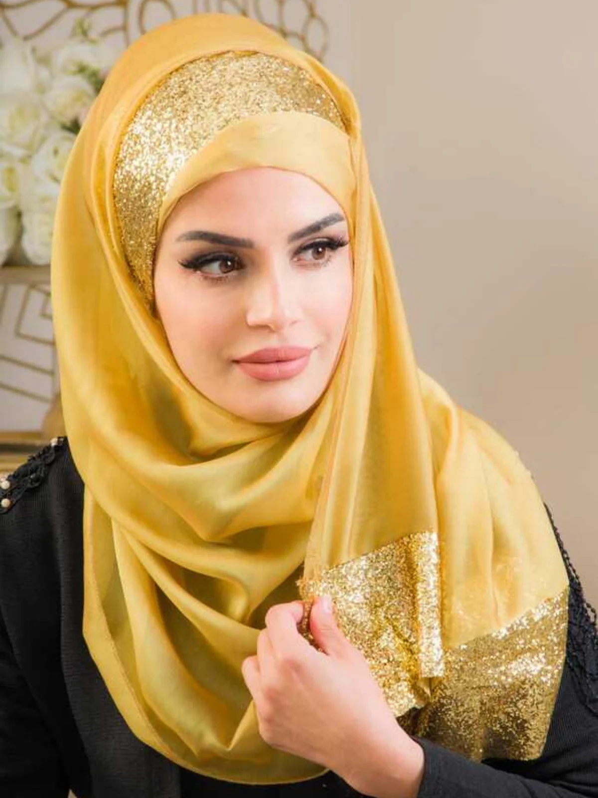 Sequined Evening Dress Double Shawl, Stylish Headscarf Clothing Woman Comfortable Standard Turkish Arabic Fashion