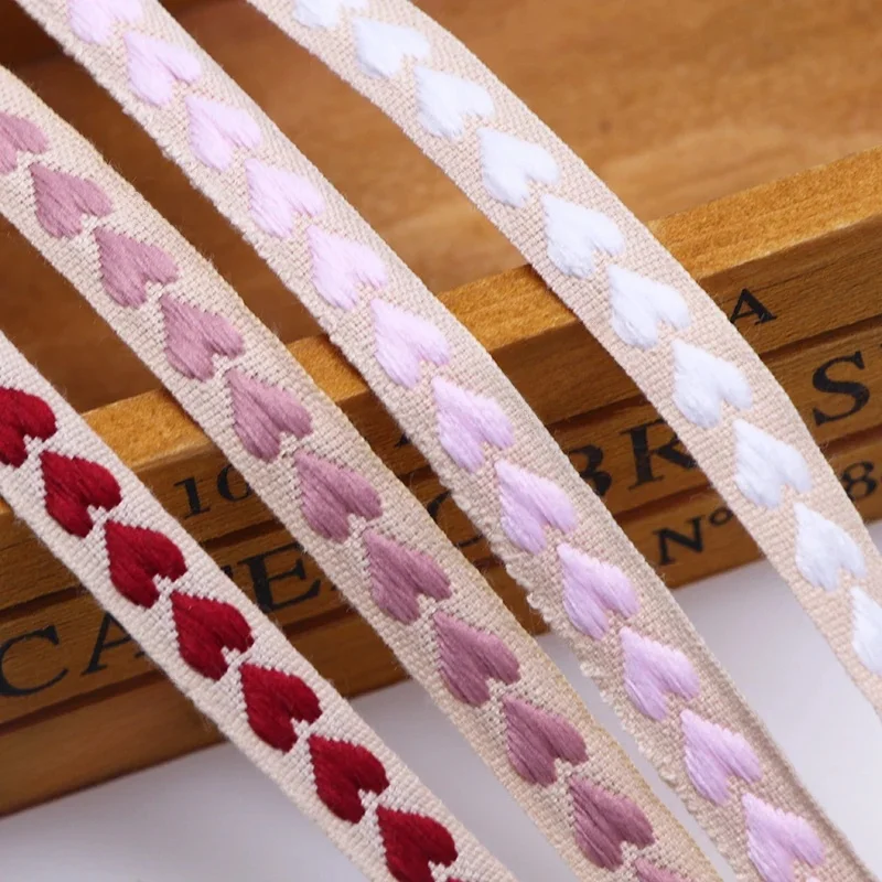 Ruban coeur de pêche tissé rose rouge blanc, 5m/10m 10mm, en polyester pour décoration de mariage, emballage cadeau, nœuds, accessoire artisanal