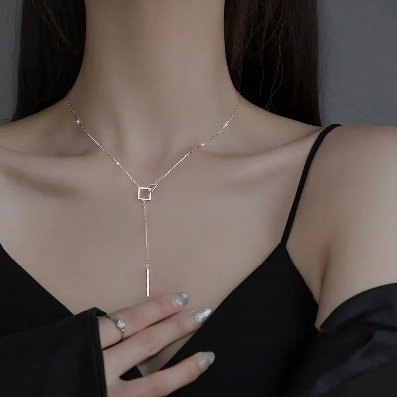 925 Sterling srebrny geometryczny kwadratowy naszyjnik z prostym pomponem długi kołnierz Chain Neckchain sweter Chain biżuteria ślubna — zdjęcie 2