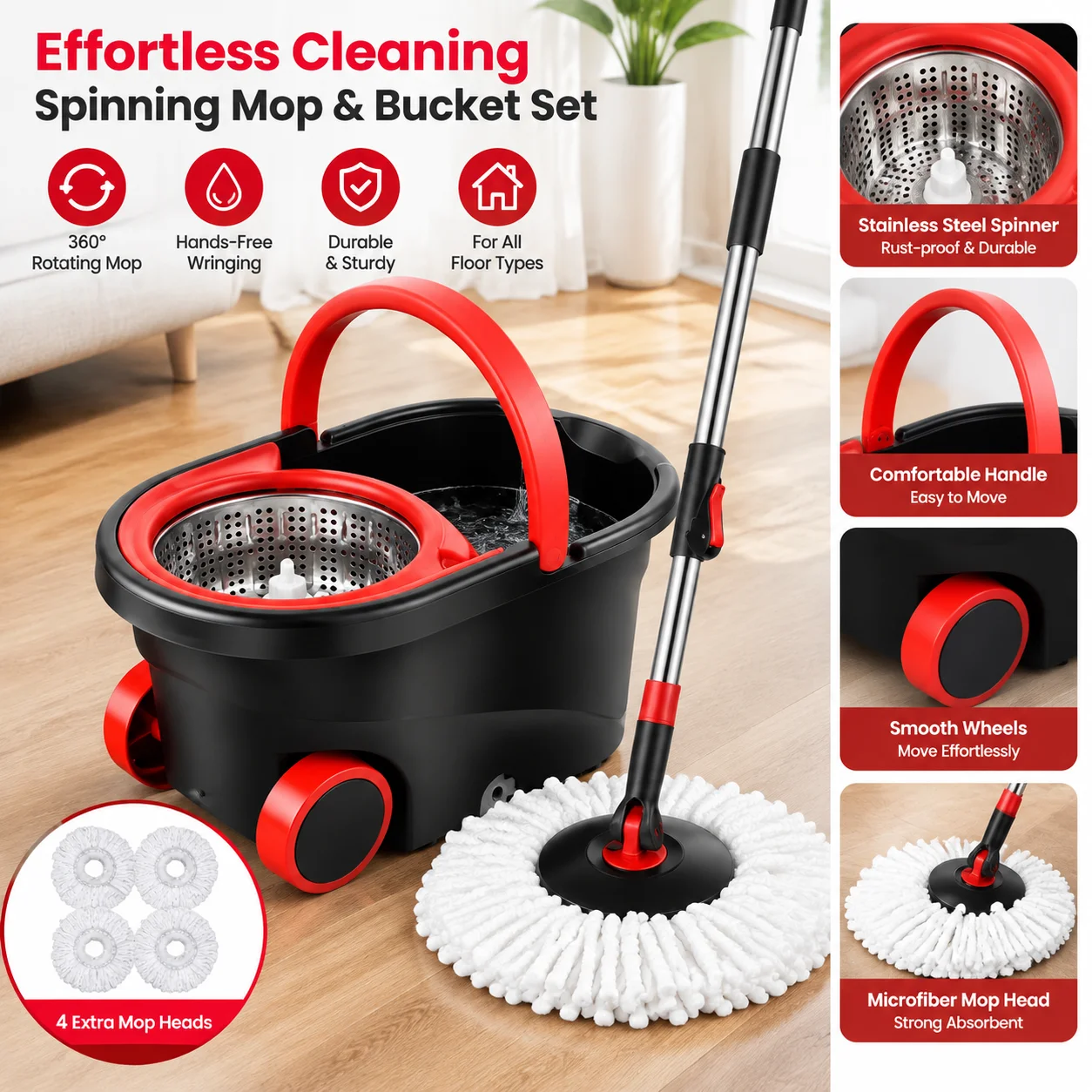 Hot Sale 360 Spin Mop and Bucket Set, Easy Wring Self Cleaning Floor Mop with 3 Replaceable Microfiber Heads & Adjustable Handle