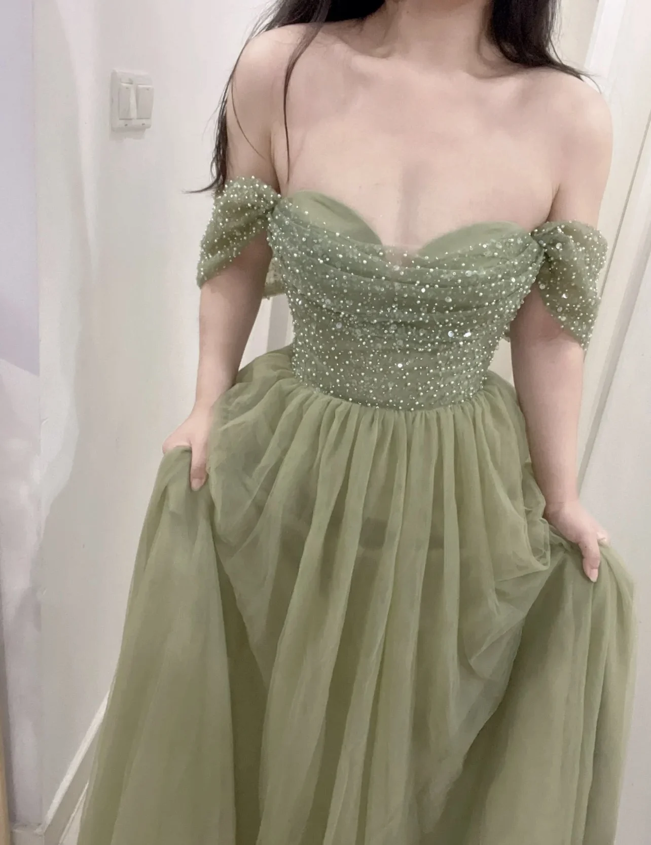 Dathy Green Off Shoulder Prom Shiny Dress Tulle Party Robe Dress Princess A Lline Evening Dress Formal Occasion Dresses