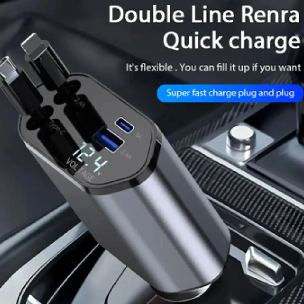 4 In 1 120W Retractable Car Charger Dual Type C Cable USB Fast Charging Adapter