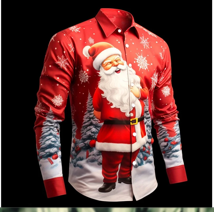 

Christmas Man Santa Claus Print Shirt Casual Daily Wear Autumn/Winter Lapel Long Sleeve Wine Red, Blue, Purple S/M/L Four-Way St