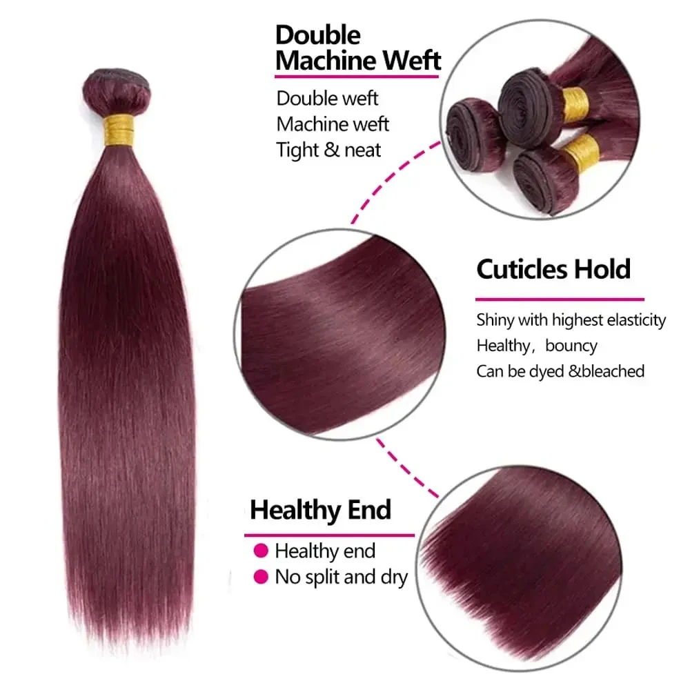 Extensions de Cheveux 100% Naturels Lisses Bordeaux 99J, avec Dentelle HD 13x4, Lot de 3