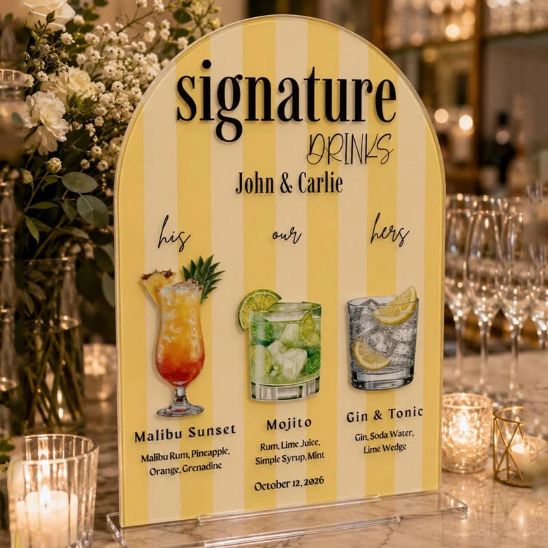 Panneau personnalisé pour boissons, panneau de bar de mariage en acrylique coloré, menu de cocktails personnalisé, menu de boissons de mariage, décoration de table