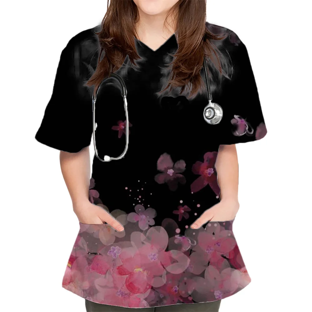 Verpleegkundige Uniform Vrouwen Werkkleding Scrubs Top V-Hals Met Twee Zakken Met Bloemenprint Medische Uniformen Met Korte Mouwen Blouse