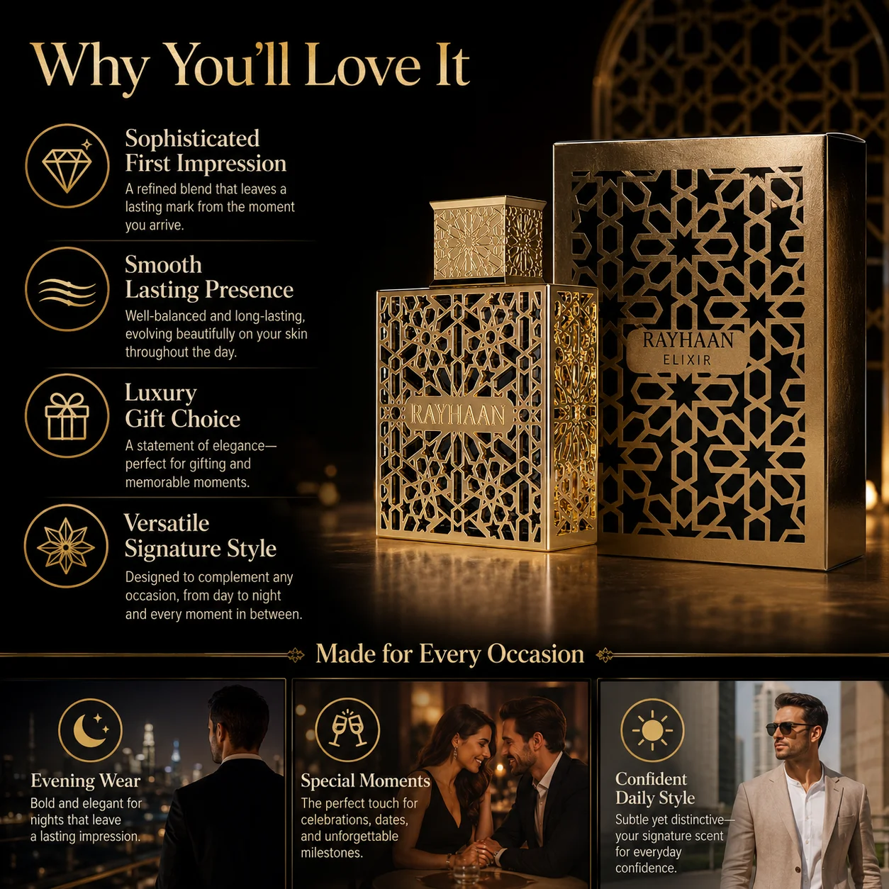 Luxury Gold Hollow Metal Rayhaan Elixir Mens Cologne Long Lasting Arabic Oriental Elixir Scent Men Perfume Gift Box For Men Holiday Birthday Present view 5