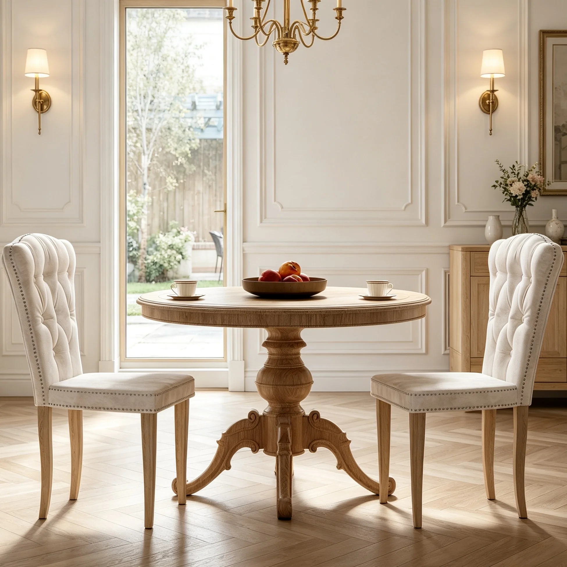 Set da pranzo Simurq composto da 2 sedie, con schienale alto e imbottitura, sedie da cucina con gambe in legno, decorazione con borchie, capacità di carico 136 kg, velluto, colore beige.