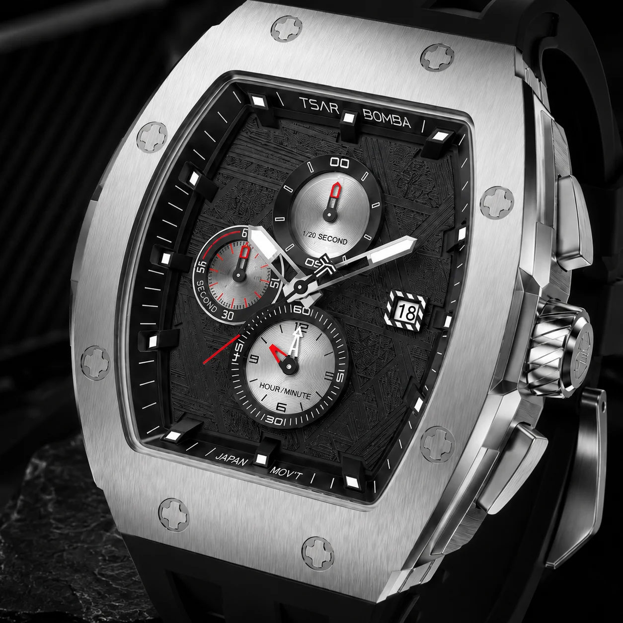 TSAR BOMBA Men Quartz Watch Sapphire Crystal 316L Steel Silicone Strap 50M Waterproof Chronograph Shock Resistant Luxury Gift