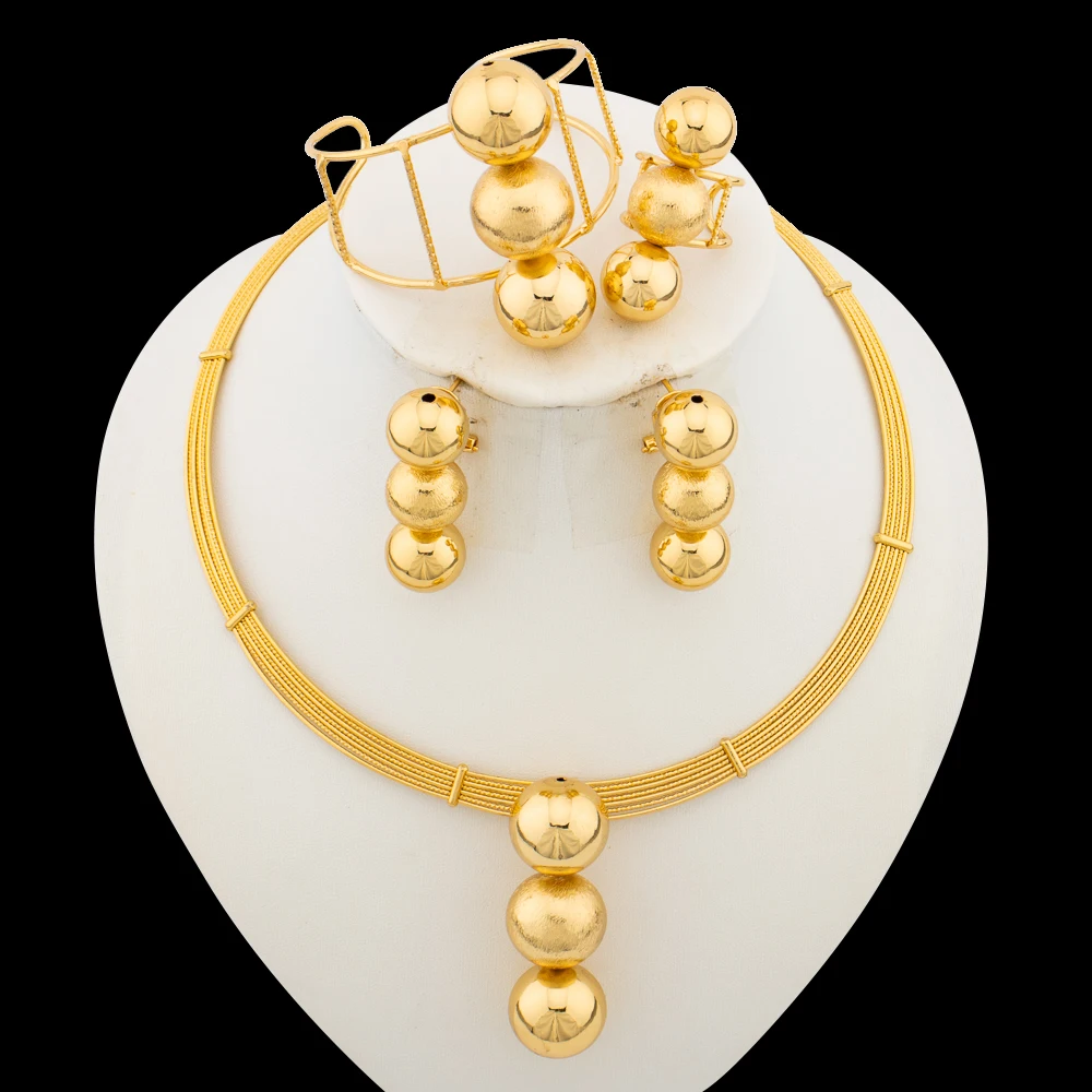 2024 Trend Jewelry Set for Women Gold Color Beads Necklace and Clip Earrings with Bracelet Ring Set for African Dubai Weddings