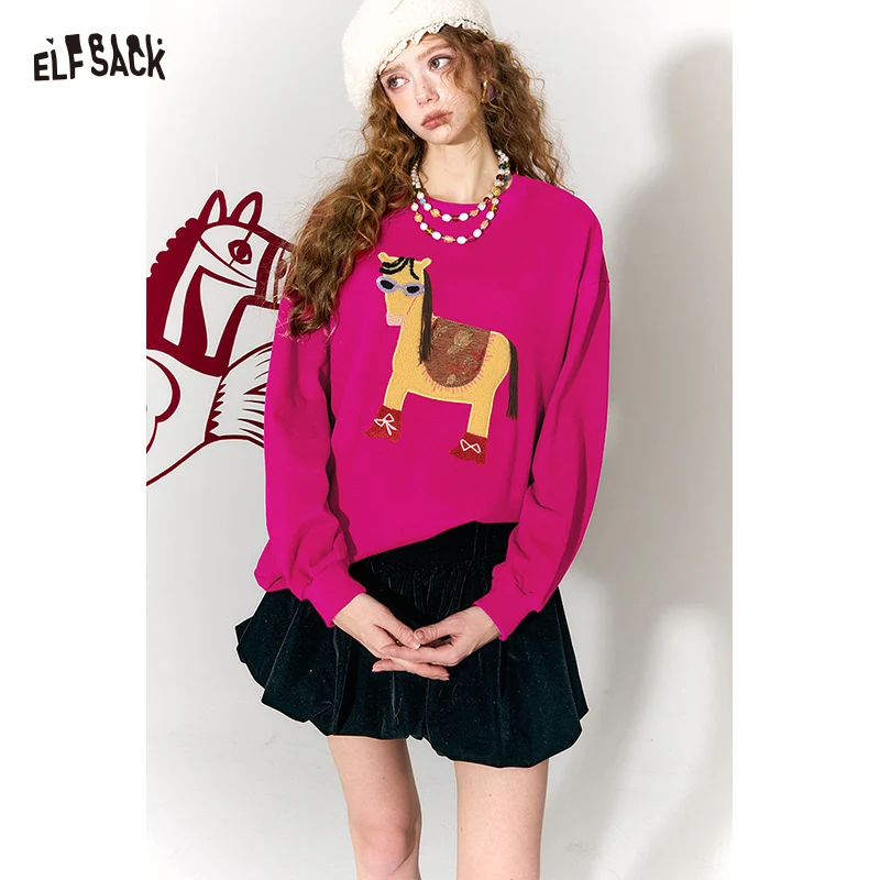 ELFSACK Women Long Sleeve T-Shirt with Adorable Horse Design, Round Neck Long Sleeve Sweatshirt for Daily Wear