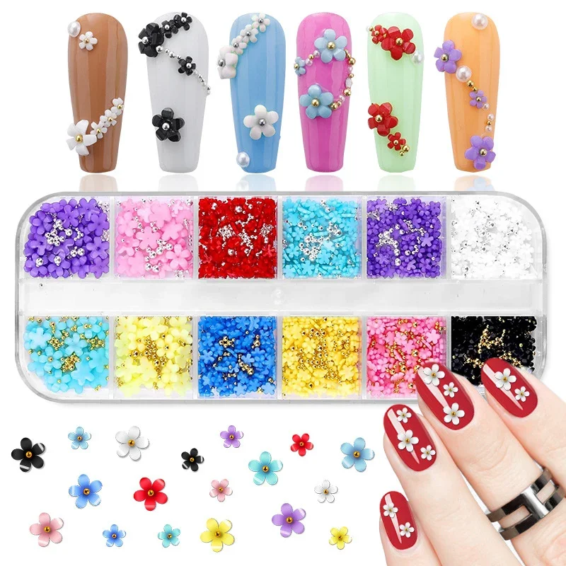 Breloques pour ongles en forme de fleur 3D, 12 couleurs, avec perles de Caviar argentées/or, accessoires de Nail Art pour femmes et filles, Design DIY