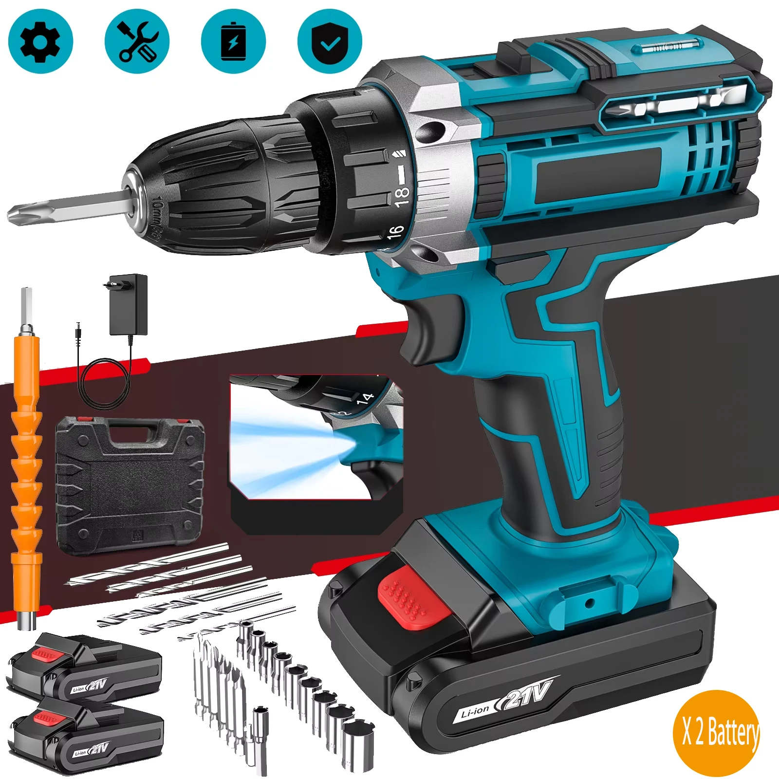 Destornillador inalámbrico de impacto de 21V, taladros de alta velocidad de 1600rpm, taladro con batería recargable, herramientas eléctricas para el hogar con brocas