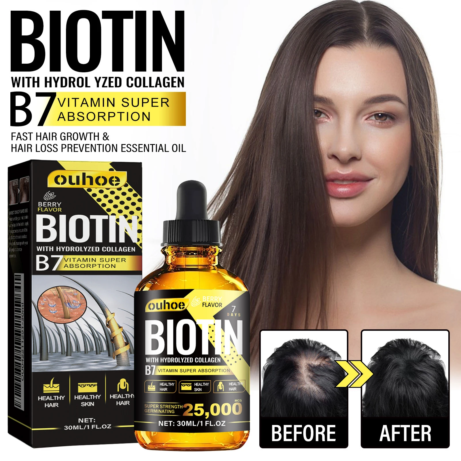 Biotine-Sérum de croissance des cheveux au collagène B7, nourrissant, anti-perte, anti-casse, huile essentielle