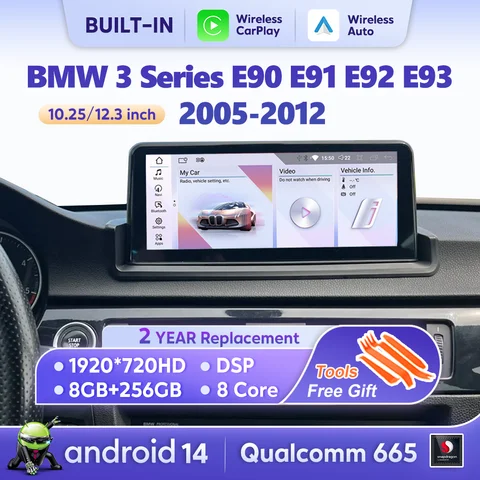 BMW 3 시리즈 E90 E91 E92 E93 2005-2012용 오토 라디오 CarPlay 카 멀티미디어 플레이어 안드로이드 14 GPS 스테레오 WIFI 헤드 유닛