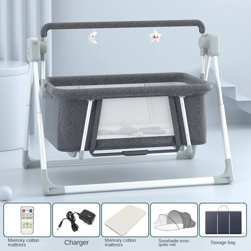 Baby Crib 2-in-1 Electric Multi-Function Rocking Height-Adjustable Cradle for Newborns with Mattress, Timer, Music, Mosquito Net