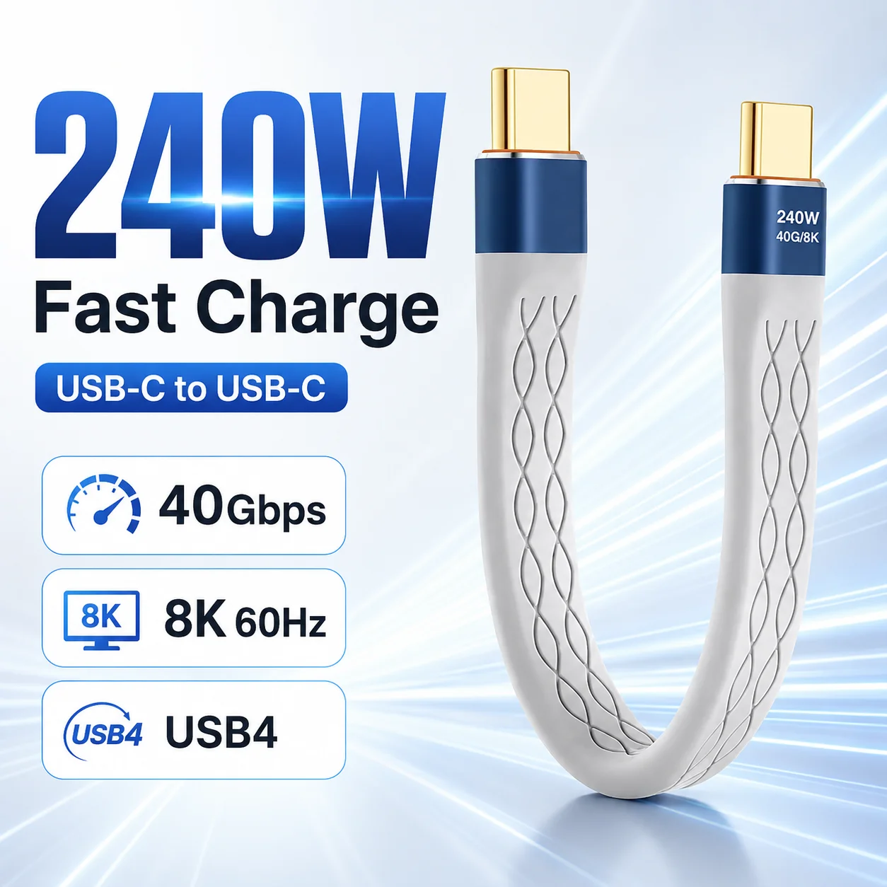 Câble USB4 court USB-C vers USB-C, transfert de données 40 Gbit/s, charge rapide PD 240 W, 8K 60 Hz, cordon Type-C pour ordinateur portable, SSD, batterie externe