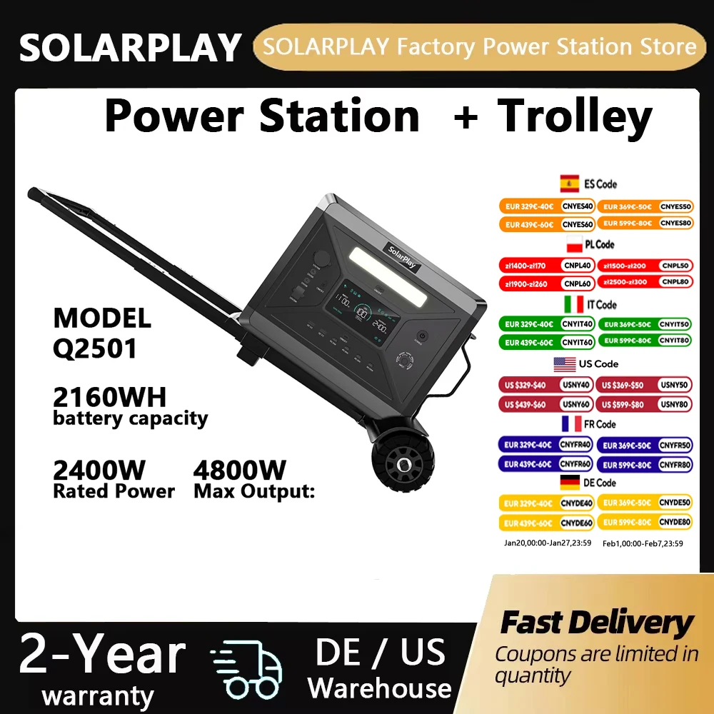 SOLARPLAY 2400W Power Station with Trolley Convenient Solar Generator UPS Function LiFePO4 Battery for Emergency Home Backup