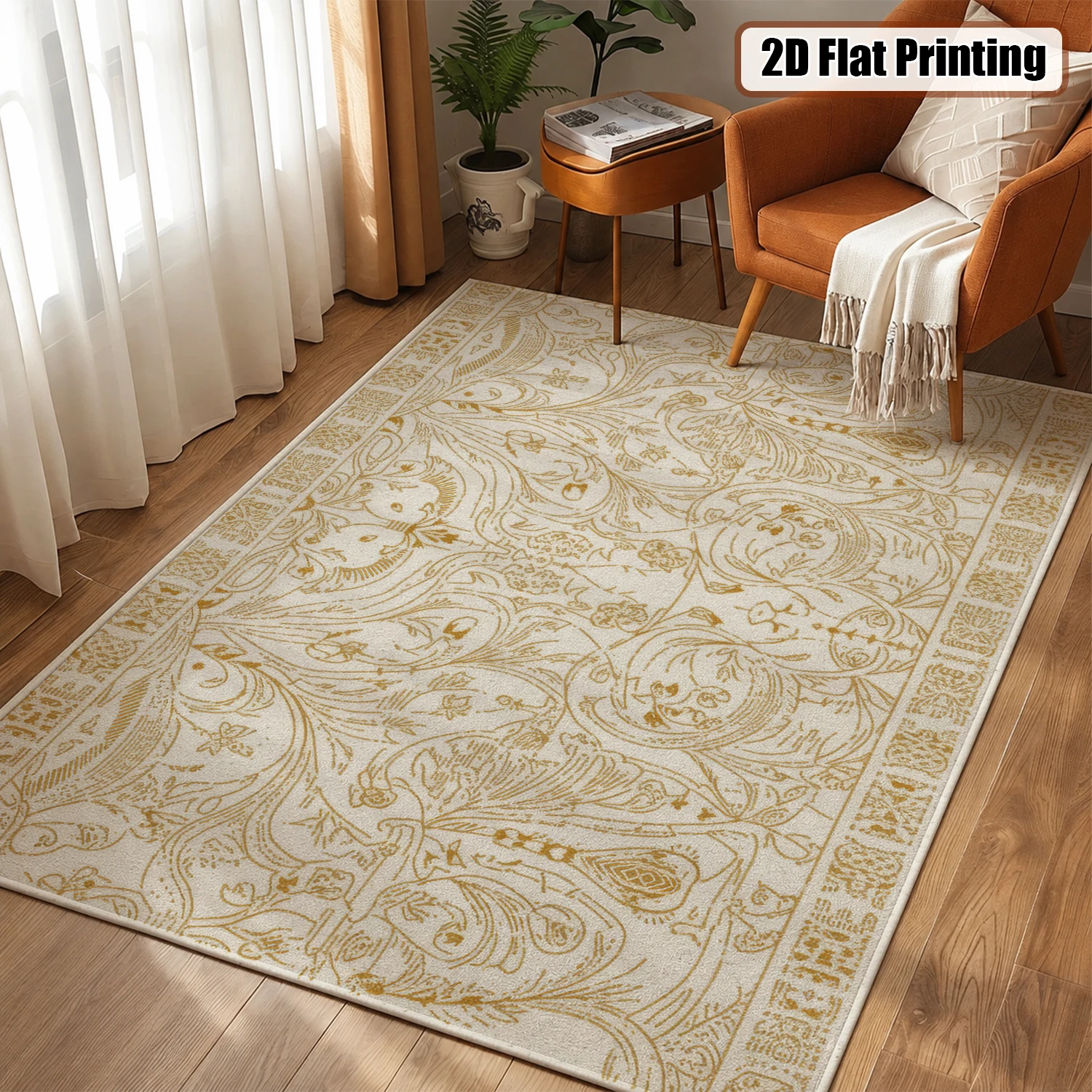 Large Indoor Area Rug, Soft Velvet Low Pile Non-slip Machine Washable, Gold Ornate Vintage Scrollwork Pattern, Ideal for Living Room and Bedroom Home Decor