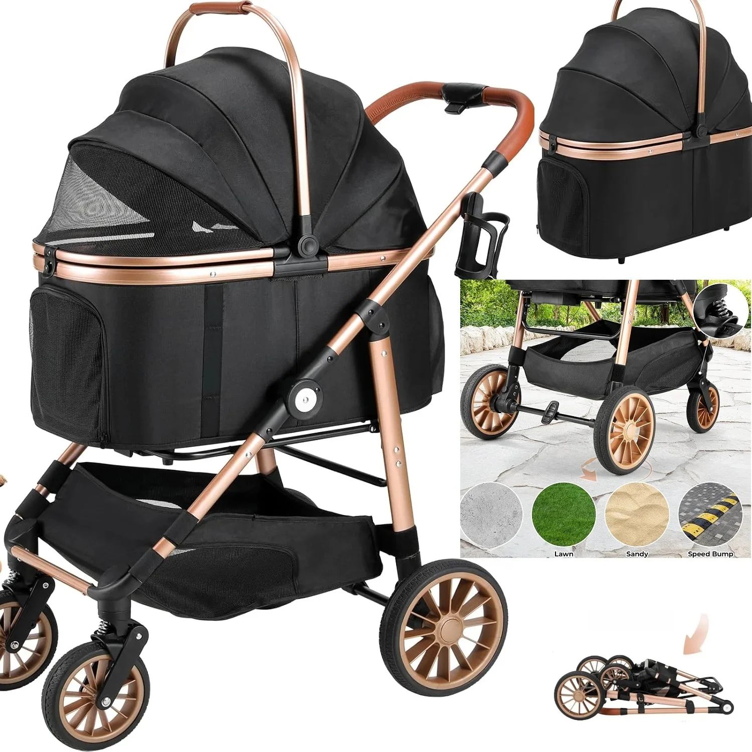 360 °   Hoge wielen transport opvouwbare kat huisdier kinderwagen 2in1 hond buggy kinderwagen hondendoos kan in auto worden bevestigd, max. belasting 25kg - afbeelding 2