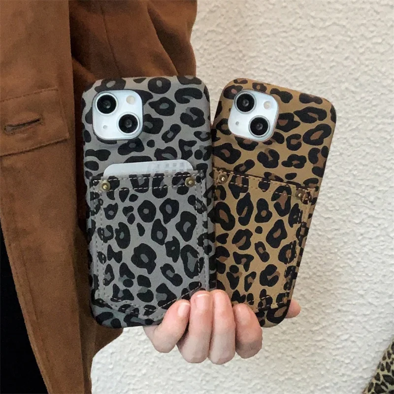 

Fashion Leopard Print Card Holder Phone Case For iPhone 16 Pro 15 13 14 Pro Max Cover Luxury Leather Cute Cases For Apple 15 Max