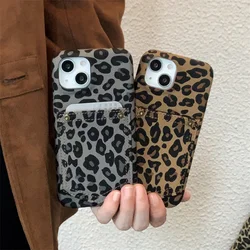 Fashion Leopard Print Card Holder Phone Case For iPhone 16 Pro 15 13 14 Pro Max Cover Luxury Leather Cute Cases For Apple 15 Max