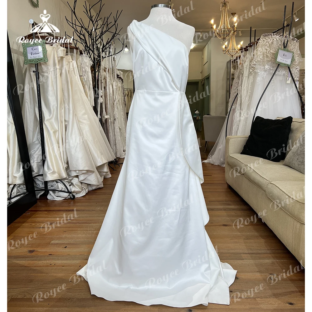 Einfache sexy eine Schulter Falten Satin Meerjungfrau Brautkleid für Frauen Boho Brautkleider Sweep Vestidos de Novia Robe de Mariée