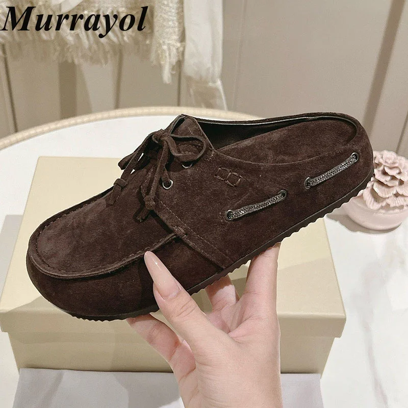 Lazy Mules Women Cow Suede Closed Toe Cross Tied Flat Thick Sole Half Slippers Spring Autumn Outdoor Vacation Walking Shoes
