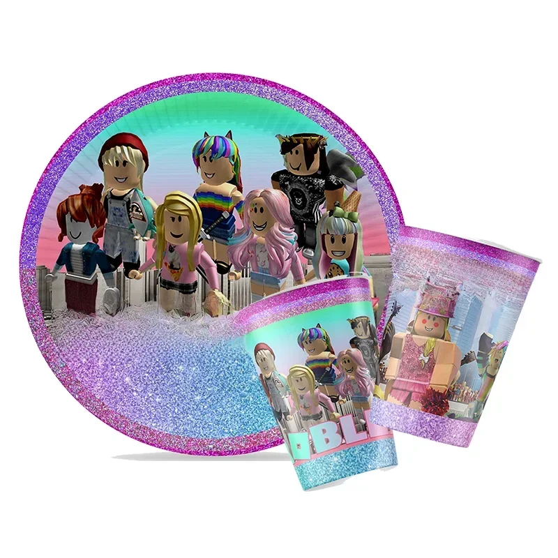 Roblox – décorations pour filles, bannière de fête violet rose, ballons d'anniversaire, nappes, garniture de gâteau, serviettes, vaisselle, fourniture cadeau pour enfant