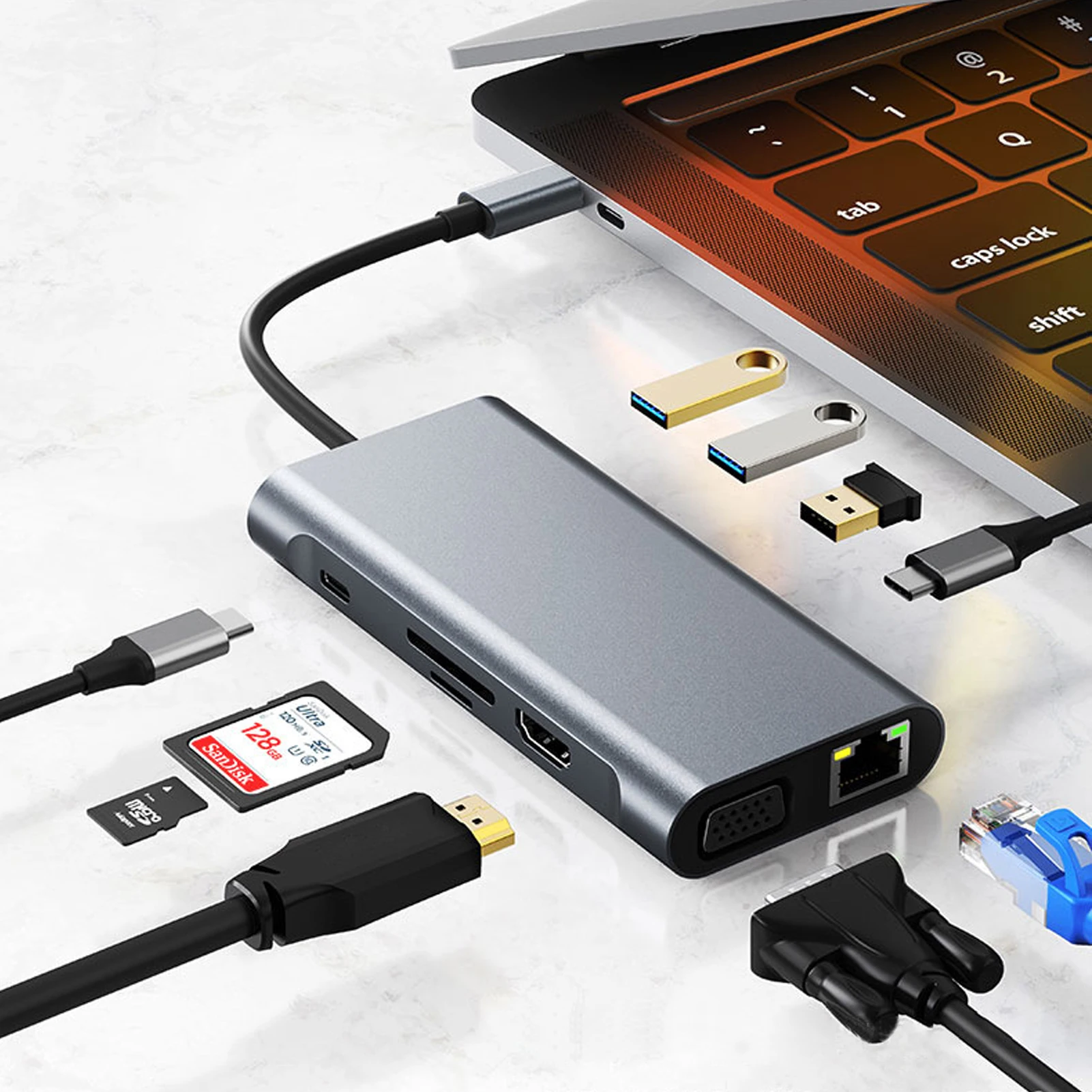 

USB C-концентратор типа C, разветвитель HDMI 4K thunderbolt 3, док-станция, адаптер для ноутбука с PD SD TF RJ45 для Macbook Air M1 iPad Pro