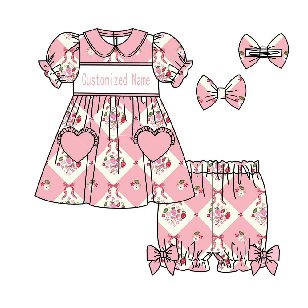 

Boutique children's pjs set floral and seashell print lapel collar heart-shaped pockets short sleeves shorts and bowknot accents