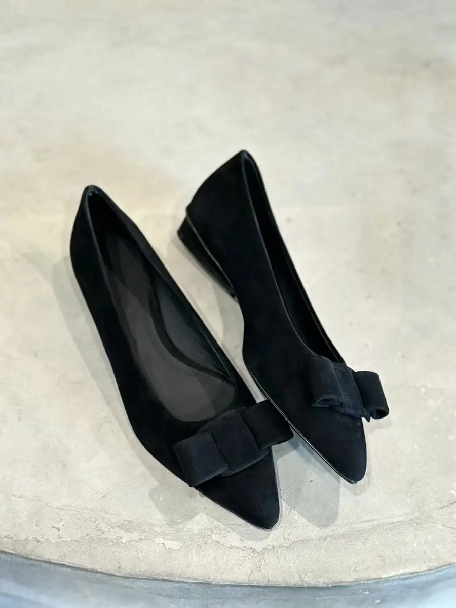 Run Small Women Shoes Classic Black Suede Bow Pointed Toe Flat 2026 New Simple Commuter Mules Elegant Ballet Shoes X6Z