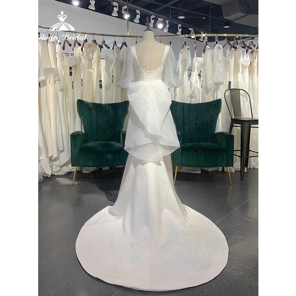 Playful Cute Bow Satin Wedding Dresses 2023 Square Collar Peals Puff Sleeve Mermaid Backless Beach Bride Dress Vestido De Noiva