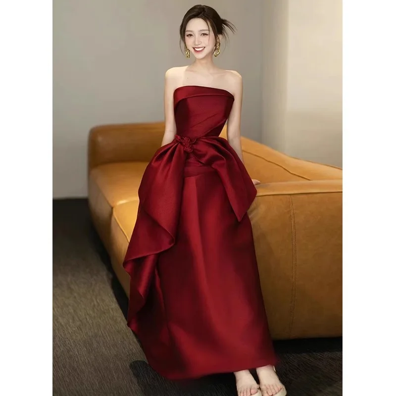 Wine red toast dress bride engagement evening dress petite wedding homecoming satin female