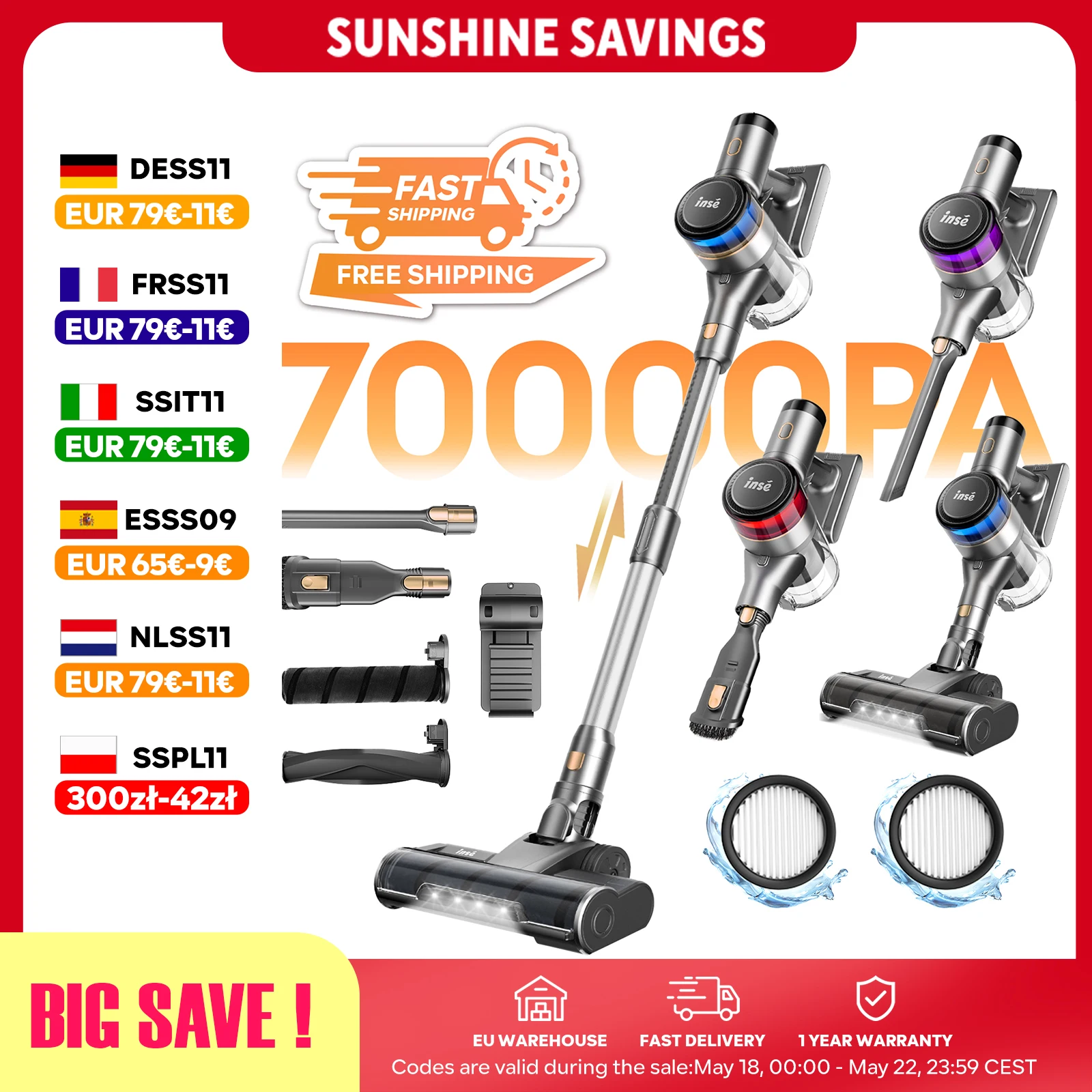 INSE S9 Aspiradora Inalámbrica, Succión De 70KPa, Depósito De 1L, Pantalla LED, Ideal Para Pelos De Mascotas Y Alfombras