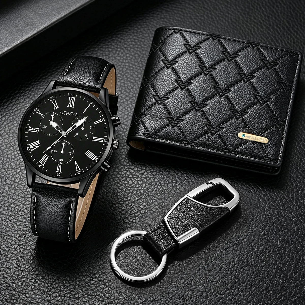 3-Piece Men's Business Leather Watch Set, Wallet + Keychain Accessories, the Best Gift for Father