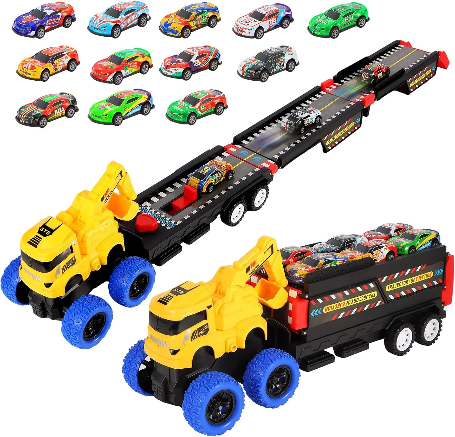 

Игрушечный экскаватор для малышей, для мальчиков 3, 4, 5, 6 лет, 12 литых машинок с инерционным механизмом, игрушечные грузовики-транспортеры с 36-дюймовой дорожкой, подходят для детей