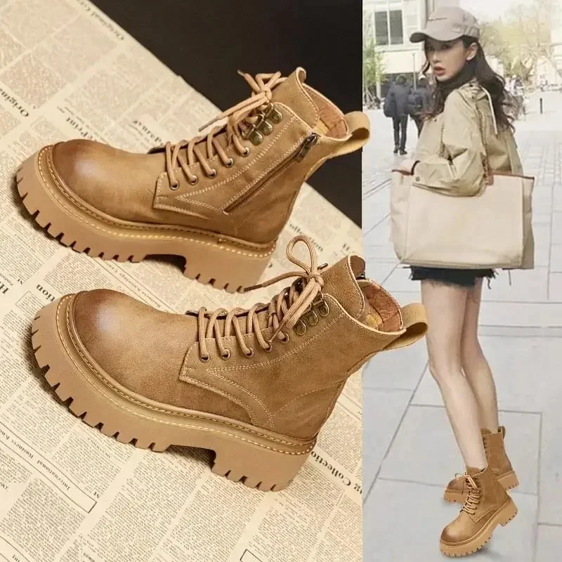 Buty damskie z prawdziwej skóry buty motocyklowe dla kobiet krótkie buty z przeszyciami Retro kobiety Botas Femininas De Couro Legitmos — zdjęcie 2