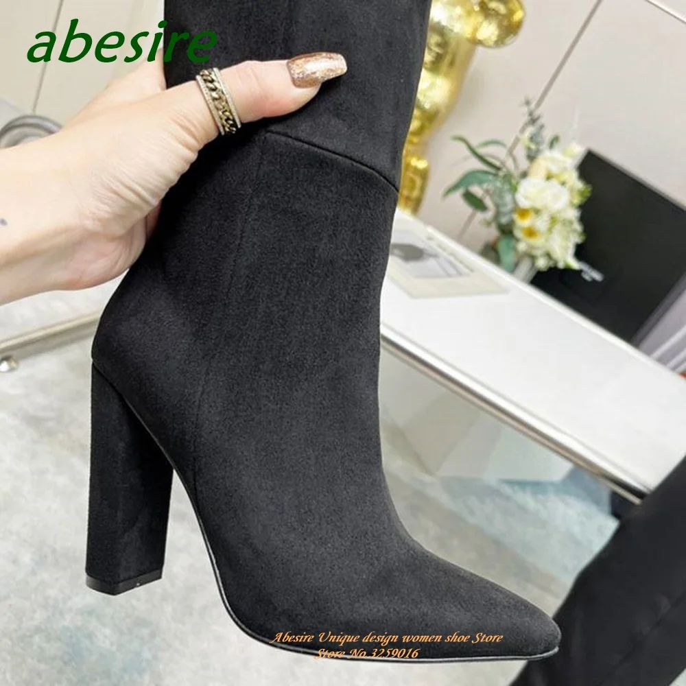 Suede Chunky Heeled Long Boots Pointy Toe Over The Knee Women's Winter Boots Warm Thin Casual Shoes 2023 Sexy Plus Size Elegant