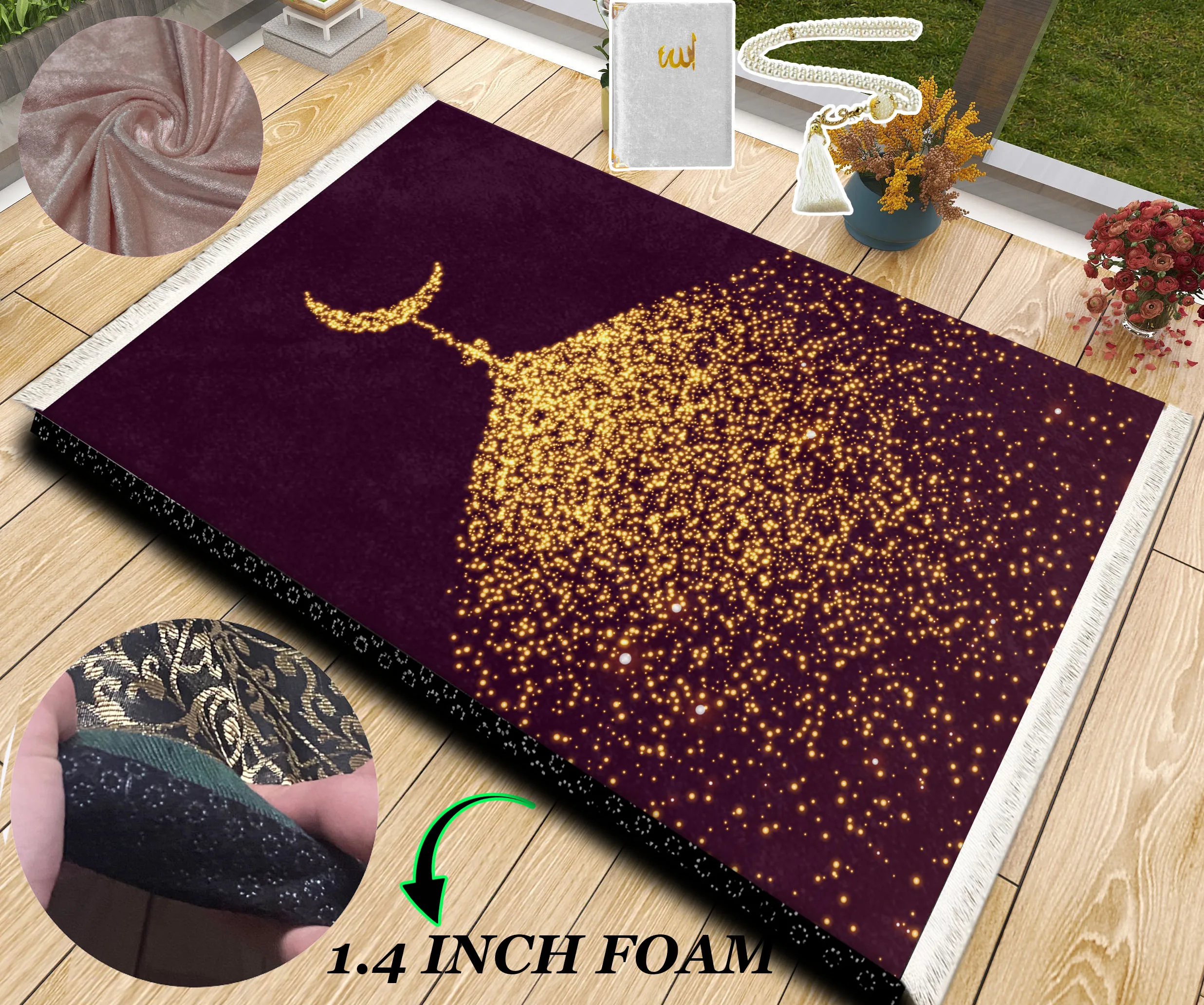 

Extra Thick Foam Padded Turkish Gold Moon Prayer Rug, Luxury Yaseen, Soft Praying Mat Carpet & Pearl Tasbeeh, İslamic Gift Set